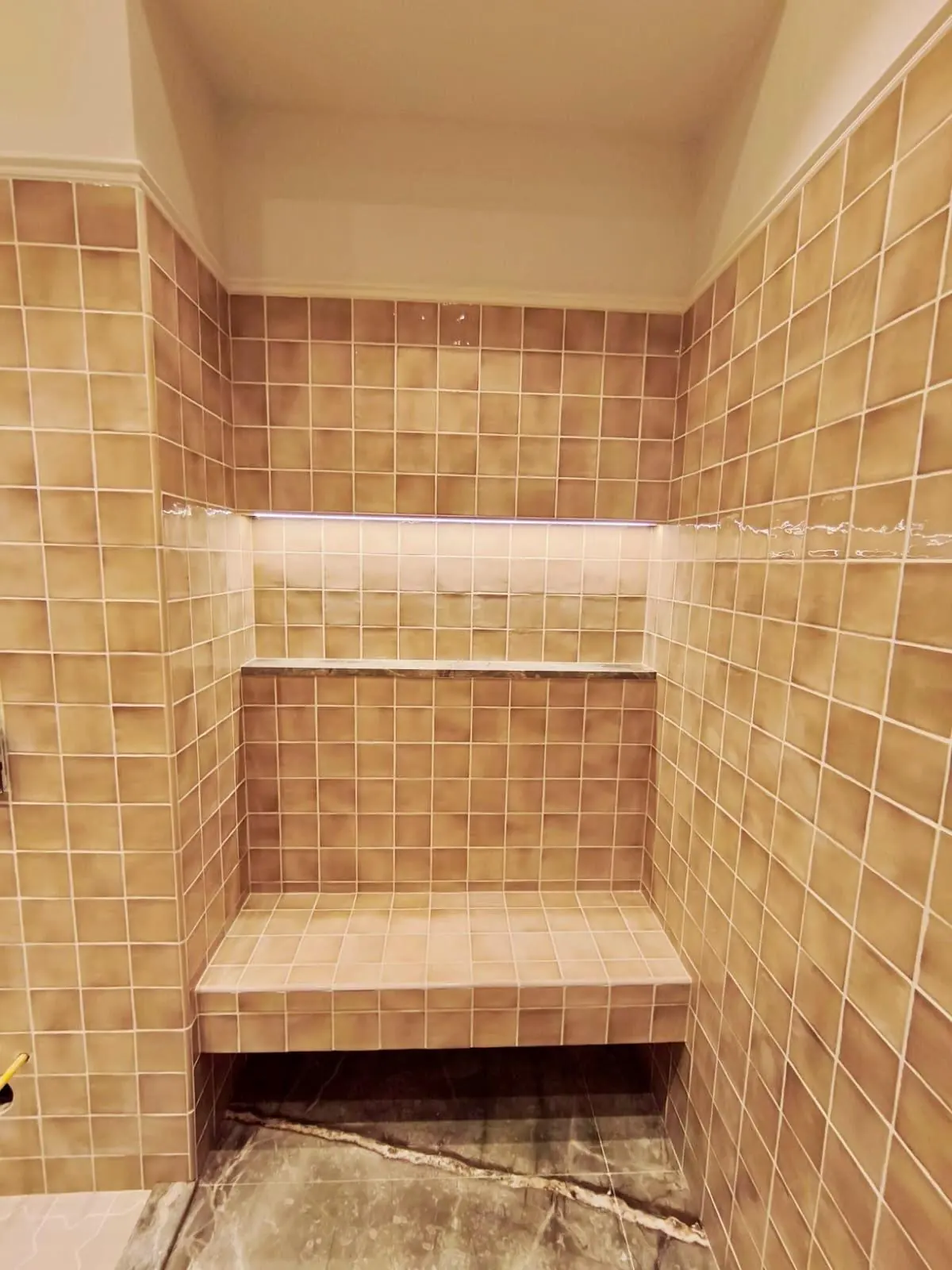 Shower area with a bench and an illuminated niche